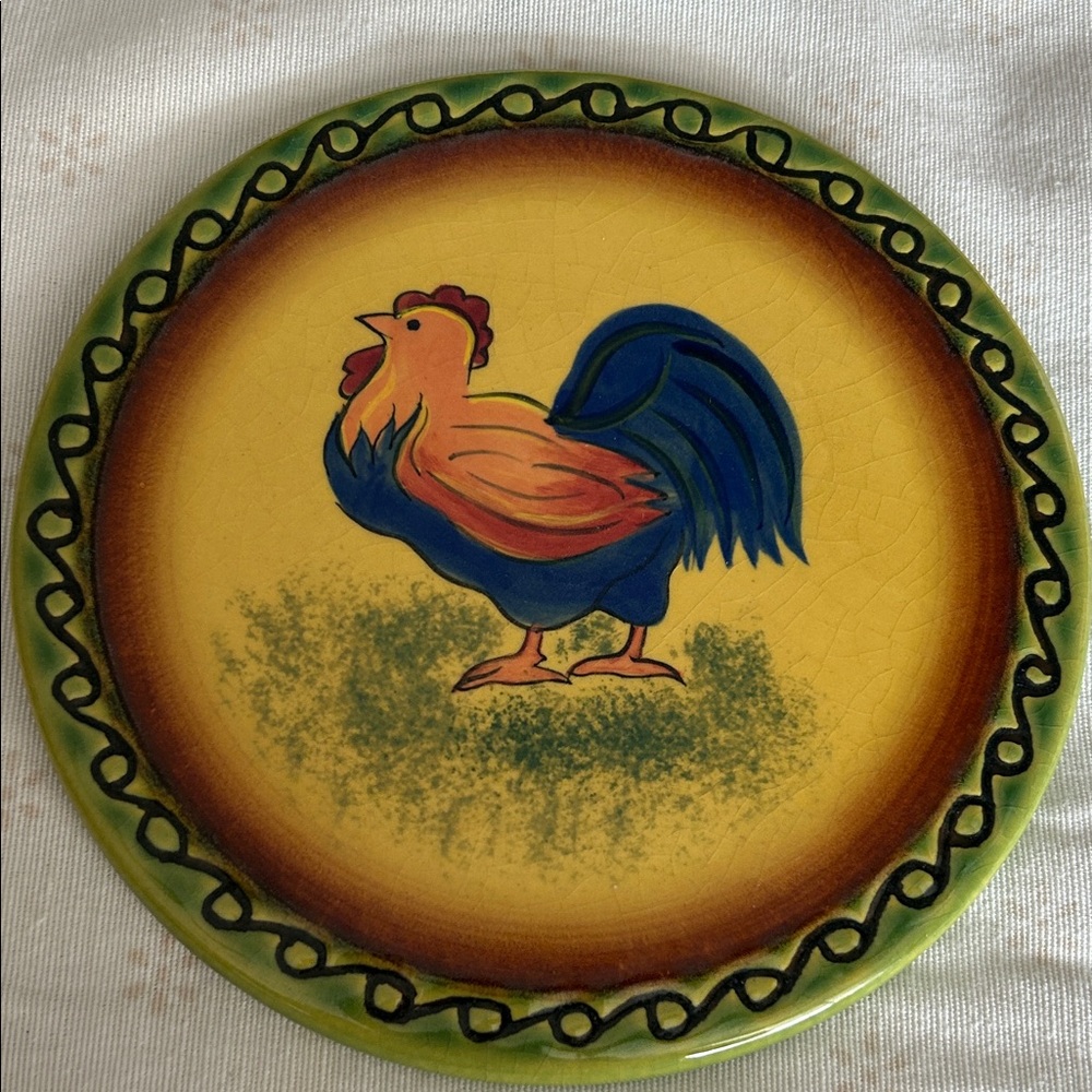 Decorative Rooster Ceramic Plate - Yellow & Blue